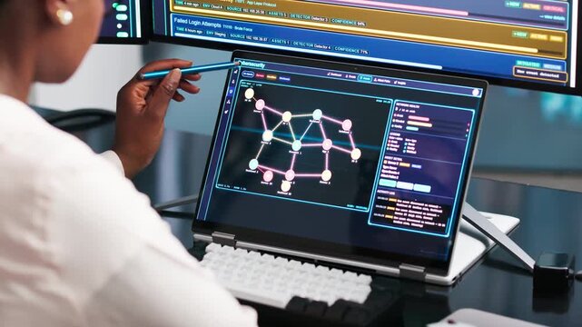 Cybersecurity Analyst Carefully Monitors Laptop