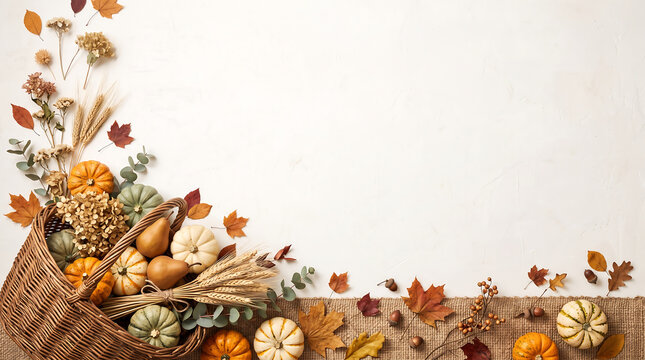 Thanksgiving cornucopia border with pumpkins and autumn leaves on white background