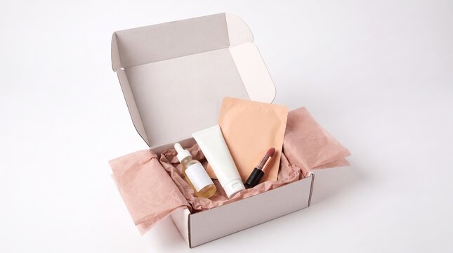 Blank beauty product packaging mockup box with serum bottle face cream tube and cosmetic pouch