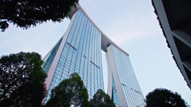 Marina Bay Sands urban landscape in Singapore. Beautiful modern architecture of skyscraper in the center of the Asian capital, travel and tourism.