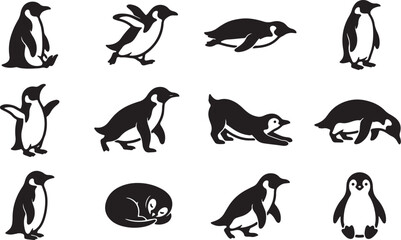 Obraz premium Penguin silhouette vector set, 12 black bird icons in various poses, minimalist arctic animal collection for logo design