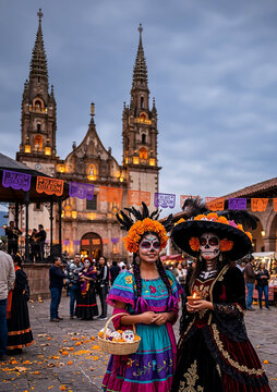 Teenage Girls Dressed as Catrinas Celebrating Day of the Dead in Mexico
