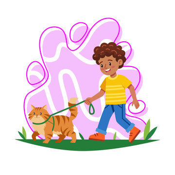 Happy curly boy walking orange tabby cat on leash outdoors vector illustration daily pet care