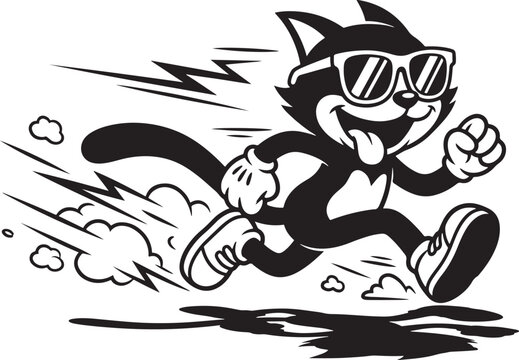 Cartoon Cat Character Running Superhero Style With Sunglasses And Dynamic Speed Lines Isolated Vector Illustration