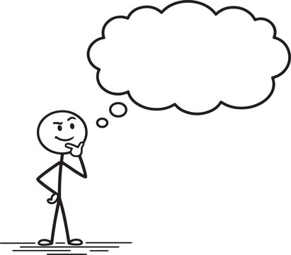 Cartoon stick figure character deep in thought with thought bubble illustration for creative and conceptual use