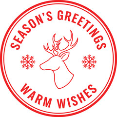 Christmas season greetings and warm wishes round badge with a red deer head and snowflake icons for holidays © Ismail