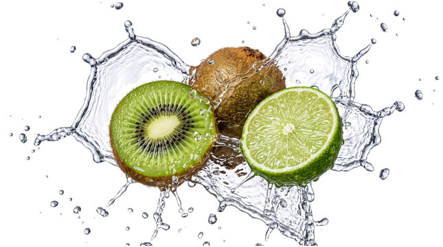 Fresh kiwi and lime splashing in water with dynamic png on isolated transparent background