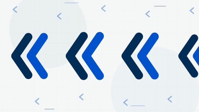 Animated blue double arrow chevrons moving left on clean white tech background motion graphic footage