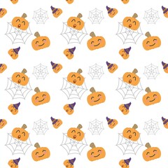 Obraz premium Halloween Seamless Pattern with Jack-o'-Lanterns and Spider Webs