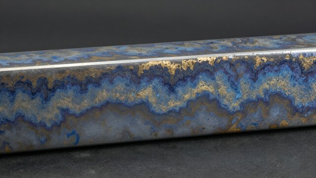 Heat tempered steel surface with organic blue and bronze oxidation patterns