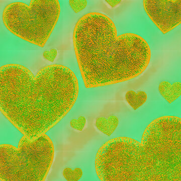 Glowing glitter neon golden orange hearts pattern green gradient background heart texture wallpaper