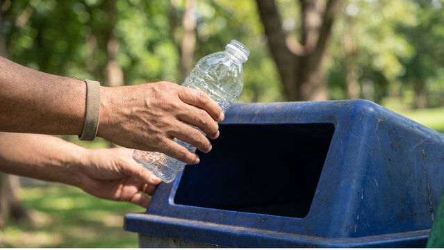 Hand dropping a clear plastic water bottle into a blue outdoor recycling bin at a sunny public park.