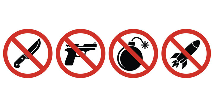 No weapons prohibited signs featuring knife, gun, bomb, and missile forbidden symbols for security, safety, and warning vector design
