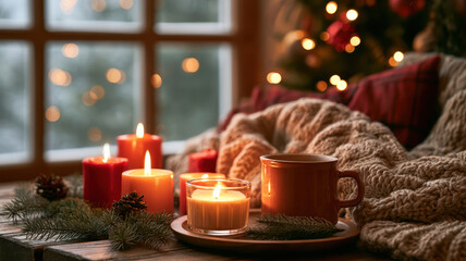 Obraz premium Burning candles, steaming mug and soft knitted blanket on a rustic windowsill, pine branches and blurred christmas lights add a warm, cozy holiday atmosphere
