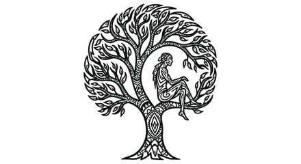 Fototapeta premium Intricate tree illustration with a seated figure detailed black and white design