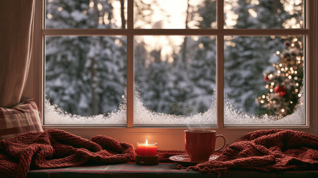 Cozy winter window scene with hot drink and lit candle, offering a warm view of a snowy forest and illuminated christmas tree outdoors at golden hour