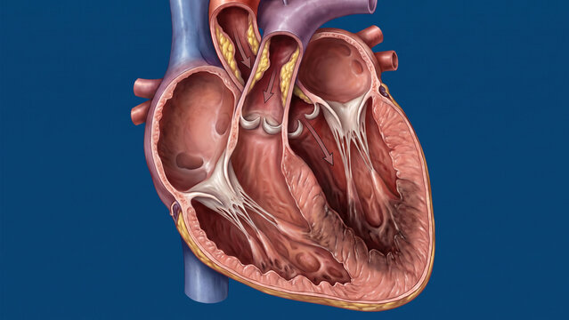 Heart cross section showing coronary artery disease with yellow cholesterol plaque buildup and damaged ischemic muscle tissue.