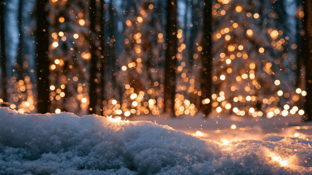 Snow covered forest ground and background trees are illuminated by many glowing bokeh lights, with light snow falling, capturing a serene winter holiday atmosphere