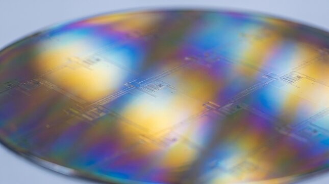 Vibrant iridescent reflections on a polished silicon wafer, revealing the intricate beauty of semiconductor materials and advanced microchip technology