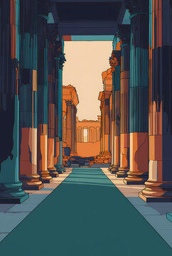 Majestic colonnade of ancient ruins leading to an open structure under a warm sky.
