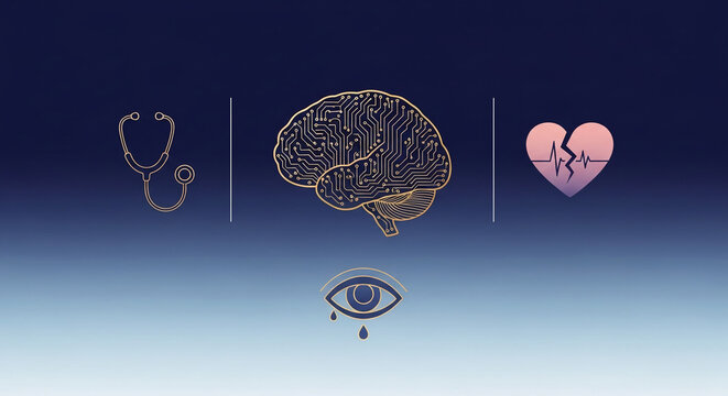Stylized medical icons for stethoscope, brain, heart, and eye on a gradient background, symbolizing health, science, and emotion