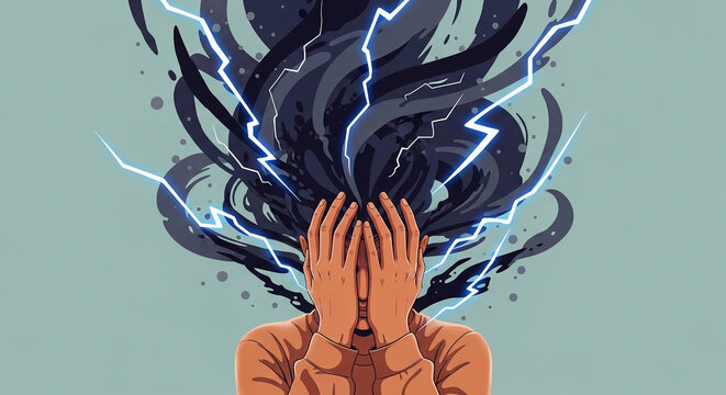 A person with hands over their face and dark hair erupting with electric blue lightning bolts, symbolizing intense thought or mental turmoil.