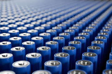 Fototapeta premium Rows of blue batteries arranged in a uniform pattern.