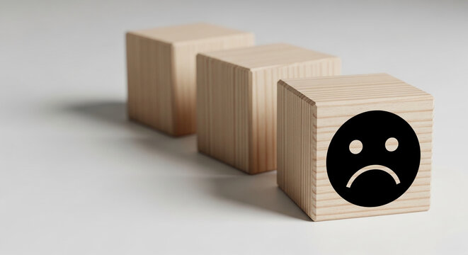 Three wooden cubes, one with a sad face icon, symbolizing negative emotion, disappointment, or poor customer feedback.