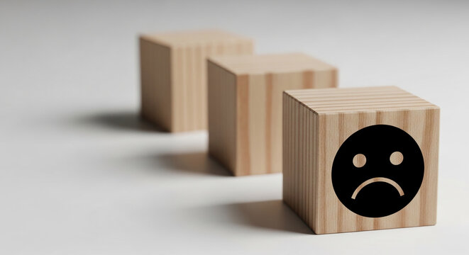 Wooden cubes with a sad face emoticon, representing negative emotion and disappointment, symbolizing customer feedback or mood.