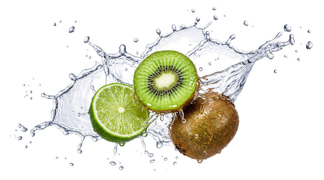 Whole kiwi and half lime splashing in water with png on isolated transparent background