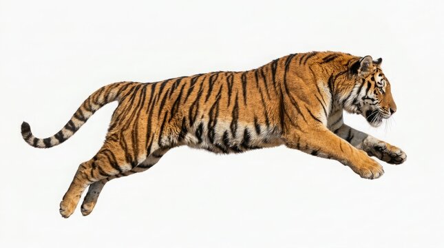 Majestic Tiger Jumping Mid-Air Action Shot Isolated on White Background