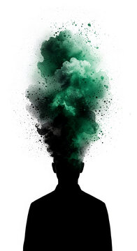 Silhouette of a person's head with green watercolor splash and dots exploding upwards, symbolizing creativity and ideas, perfect for abstract concepts.