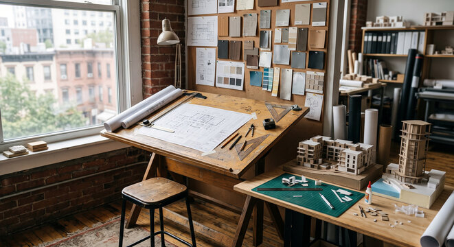 Wooden drafting station under a large window with blueprints, model buildings, tools, and sample board, with brick wall, project pinboard, stool.