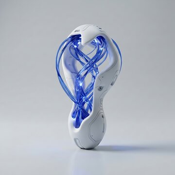 3D geometric neural bio interface icon with white organic casing and glowing blue glass strands isolated on light background