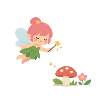 Cute cartoon fairy girl with magic wand flying over mushroom and flower on transparent background. Little pixie with wings and magic