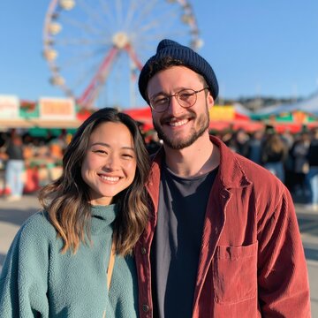 Casual couple portrait at an amusement park with ferris wheel background for poster and lifestyle banner use