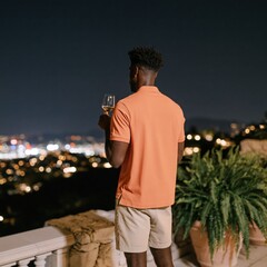Obraz premium Man in orange polo holding a wine glass on rooftop terrace at night with sparkling city lights for lifestyle background and evening banner