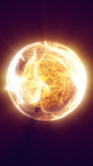 Fototapeta premium Golden fiery plasma sphere glowing on a dark purple background, symbolizing solar energy, power, heat, and cosmic transformation.