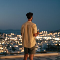 Obraz premium Man standing on balcony at dusk overlooking blurred city lights holding a wine glass for travel background and evening lifestyle banner