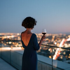 Obraz premium Elegant woman on rooftop with glass of red wine at evening city skyline for luxury background and banner design