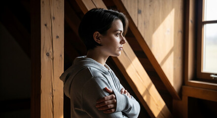 Fototapeta premium Woman looking out window with arms crossed, sunlit wooden interior, symbolizing contemplation, introspection, and solitude.