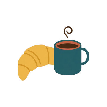 Cup of hot coffee and croissant on transparent background. Flat cartoon breakfast illustration with steaming drink and fresh
