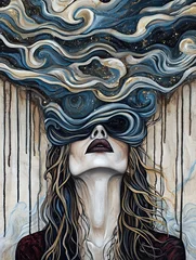 Beautiful premium conceptual fine art portrait painting of a serene woman with surreal abstract creative makeup hair patterns and artistic fantasy background digital painting style © egonzitter