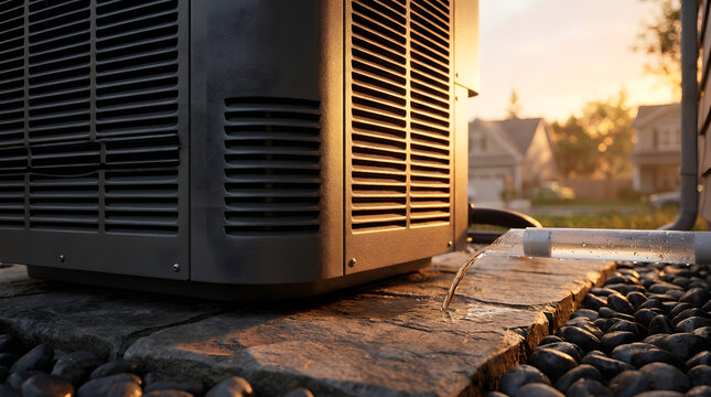Residential air conditioning maintenance | HVAC condensate drain line water flow | Outdoor AC condenser on patio at sunset | Central air system energy efficiency | Home cooling system installation