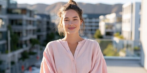 Obraz premium Young woman in soft pink blouse on urban balcony for lifestyle portrait banner and modern wellness background design