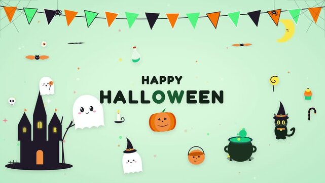 Seamless Halloween Pattern Background with Cute Ghosts Haunted House and Festive Decorations
