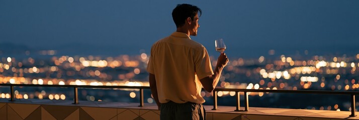 Obraz premium Man holding a wine glass on a rooftop terrace at night city skyline background for banner and wallpaper design