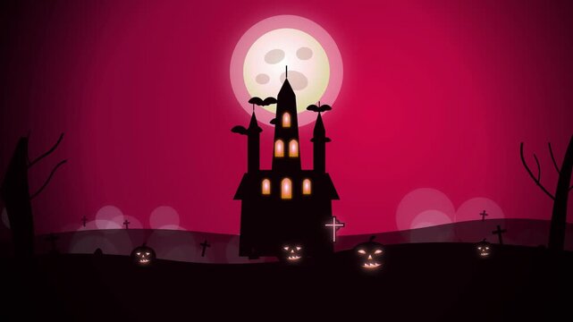 Halloween background with haunted castle cemetery and full moon in a spooky red night atmosphere