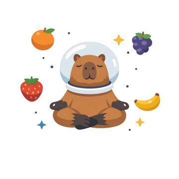 Cute capybara astronaut meditating in lotus pose surrounded by floating fruits on transparent background. Funny animal in space helmet with orange, strawberry, grape and