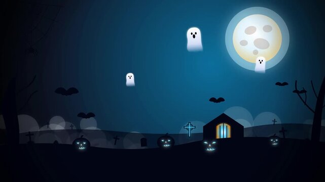 Halloween graveyard scene with ghosts pumpkins and a glowing full moon at night